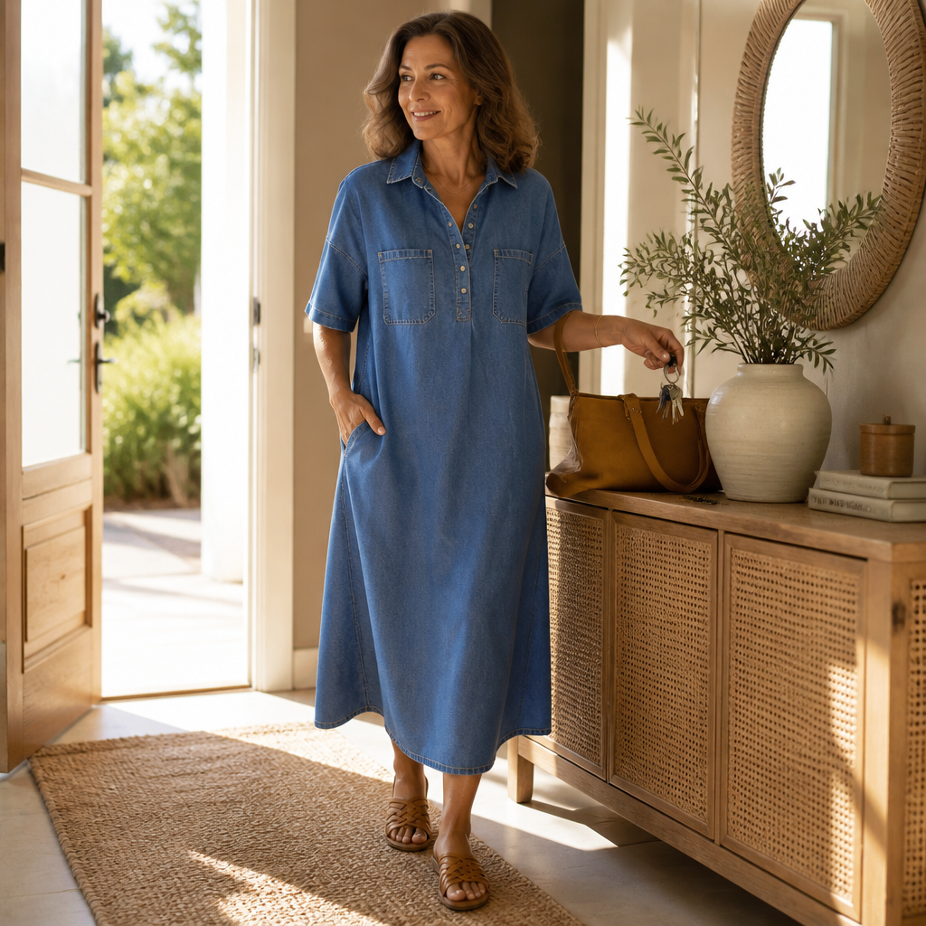 Pocketed Shirt Collar Denim Midi Dress