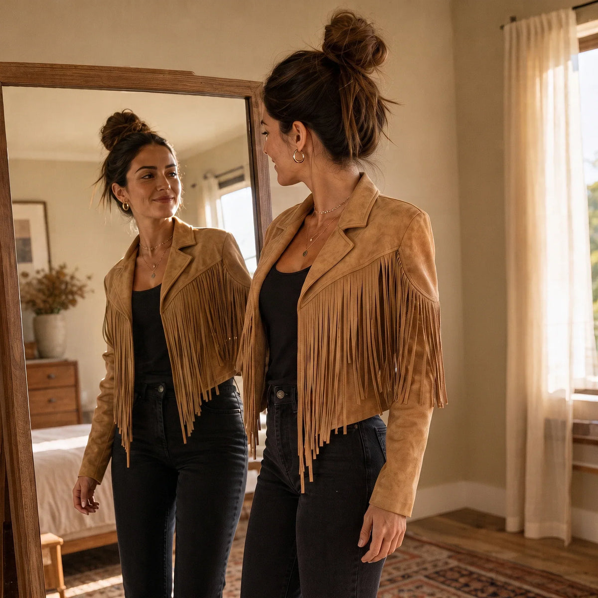 Laser-Cut Fringe Cropped Moto Jacket