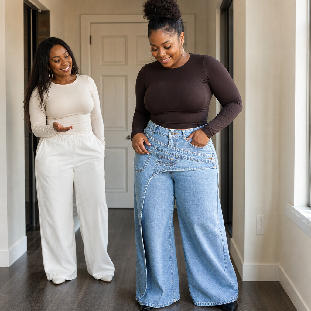 Asymmetric Overlap Waist Wide-Leg Jeans