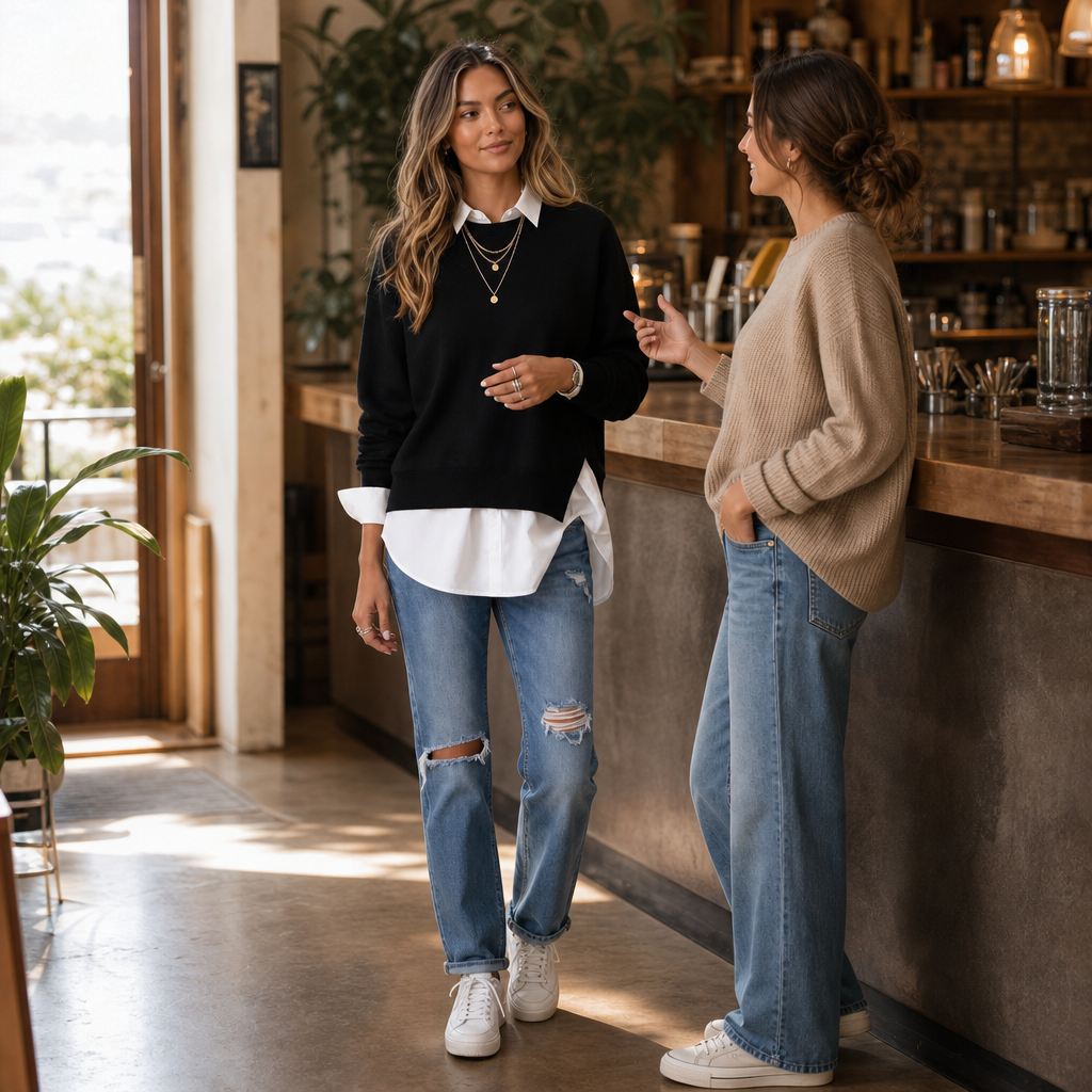 Layered Mock Shirt Collar Crewneck Sweatshirt