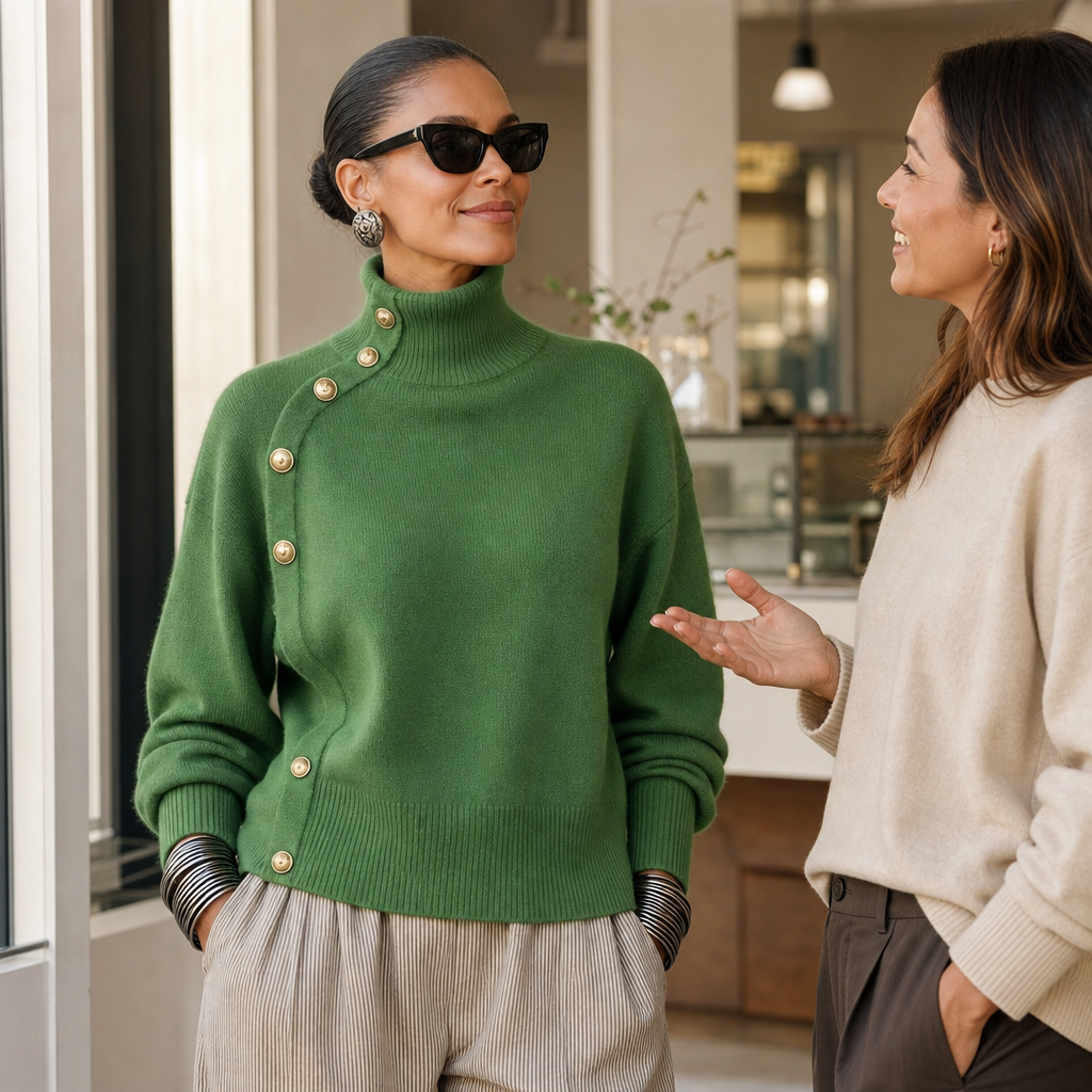 Asymmetric Gold-Tone Button Mock Neck Sweater