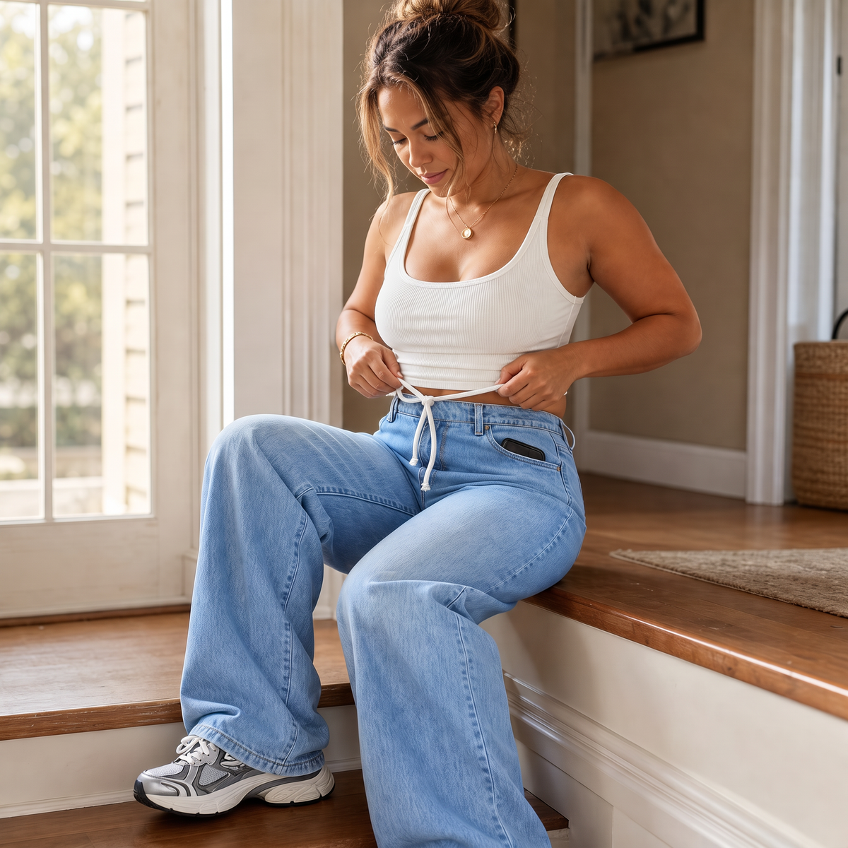 High-Waisted Drawstring Wide-Leg Jeans