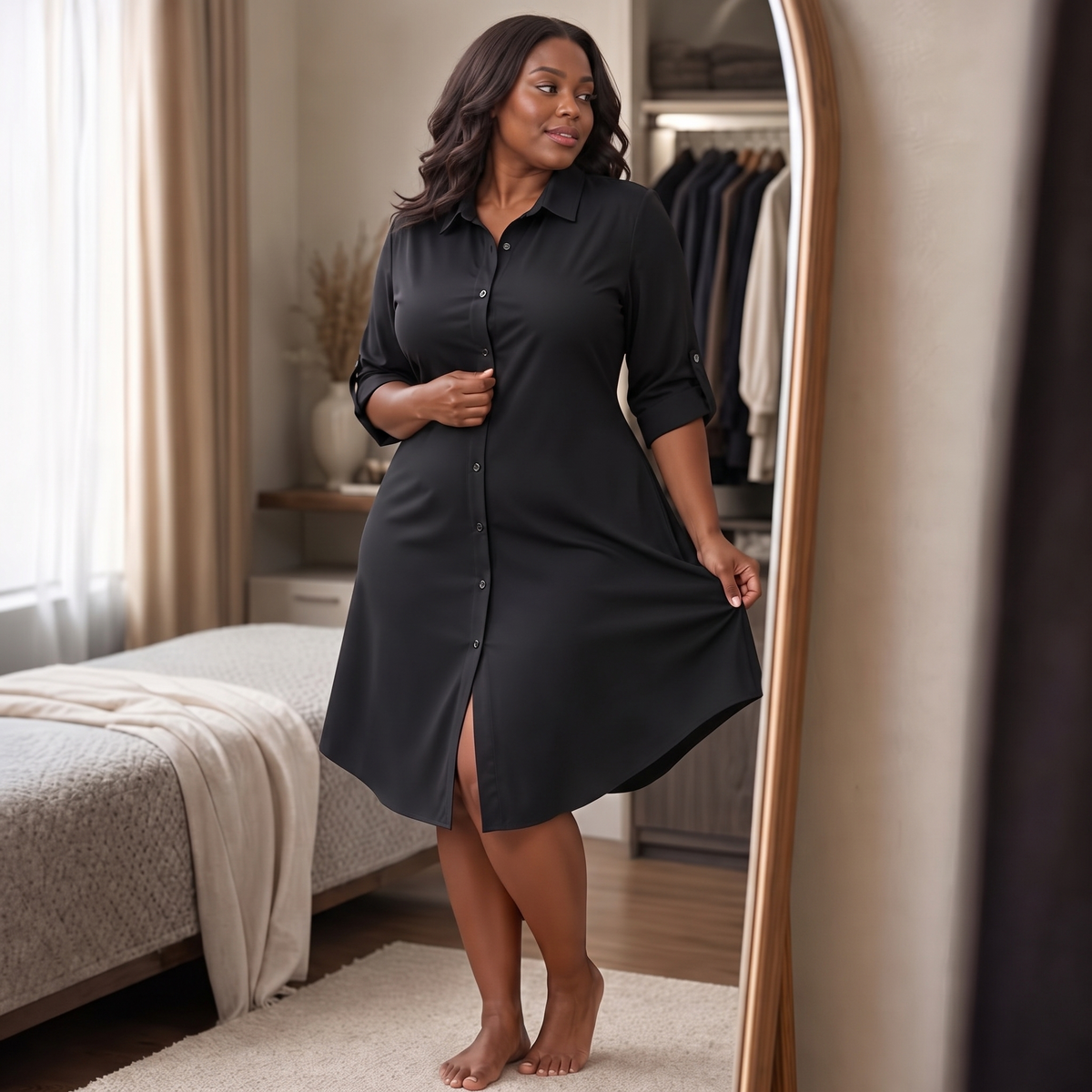 Satin Button-Front Shirt Dress