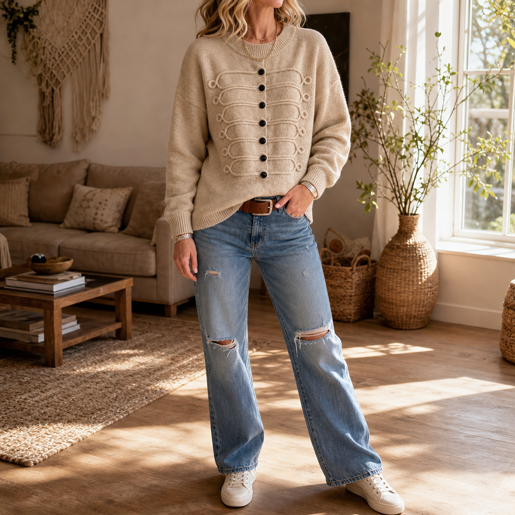 Braided Cord Button-Front Knit Sweater