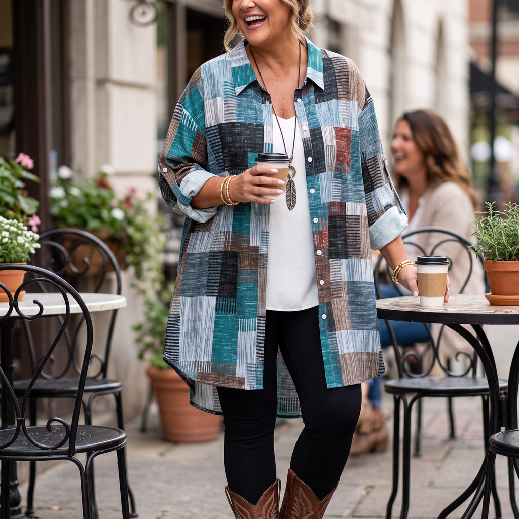 Colorful Patchwork Plaid Button-Up Shirt