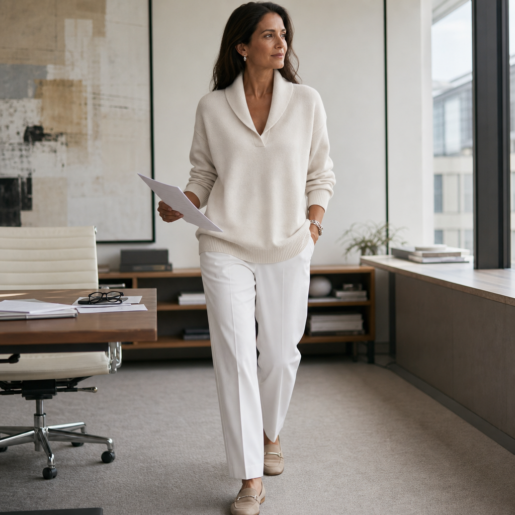 Draped Shawl-Collar V-Neck Sweater