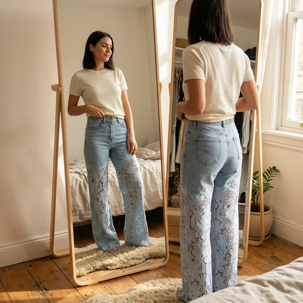 Women's Floral Lace Patchwork Wide Leg Jeans