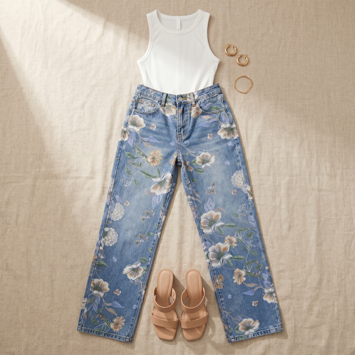 Women's Floral Print Wide-Leg Jeans