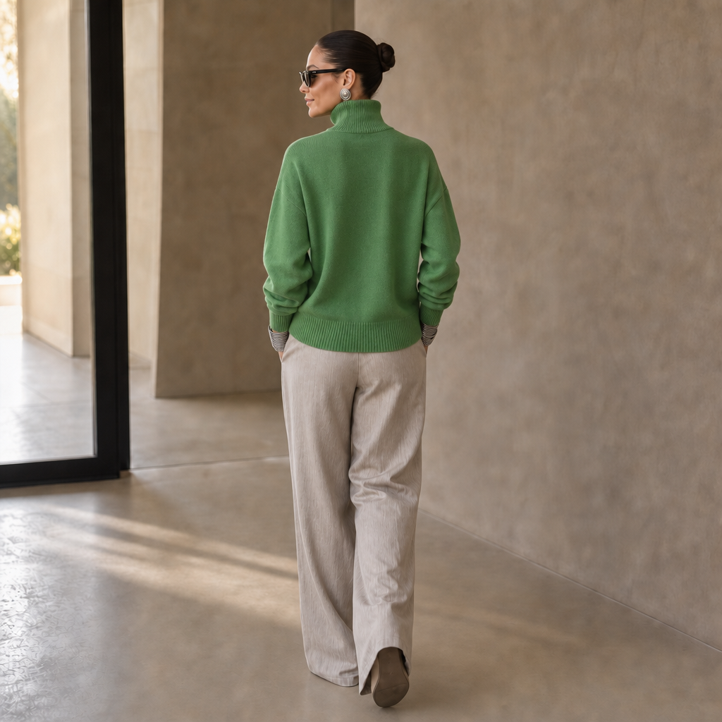 Asymmetric Gold-Tone Button Mock Neck Sweater
