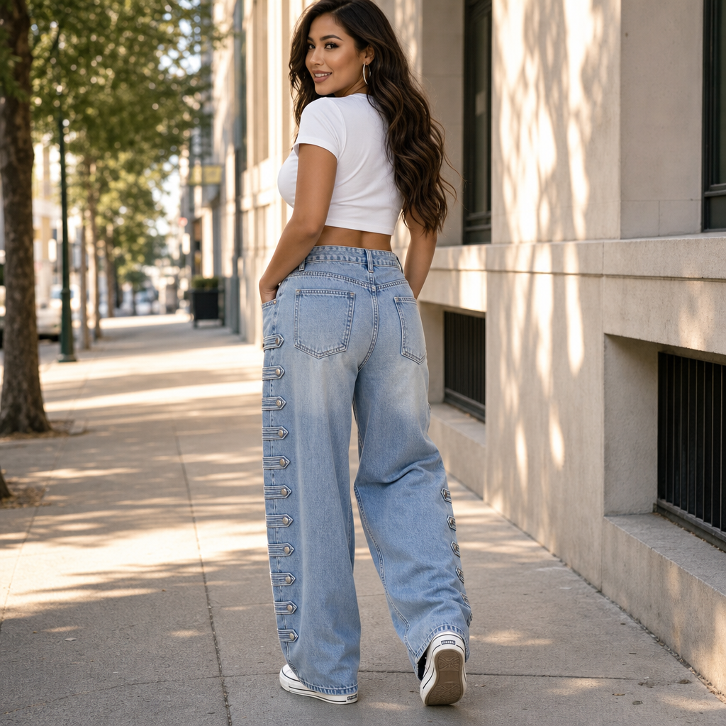 Side Buckle Wide-Leg Jeans
