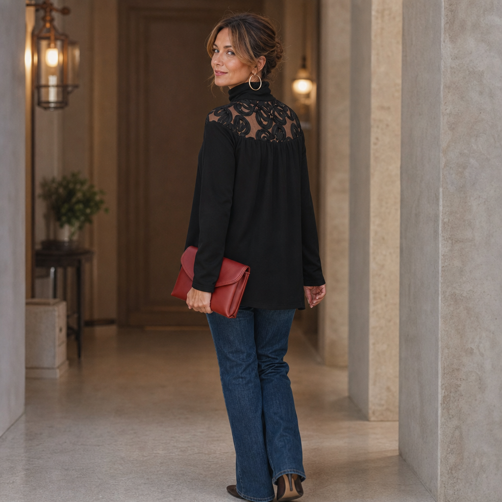 Sheer Floral Lace-Yoke High-Neck Blouse
