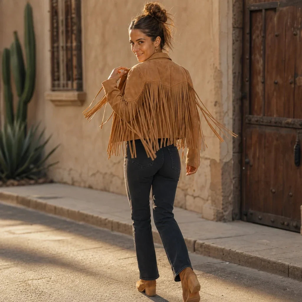 Laser-Cut Fringe Cropped Moto Jacket
