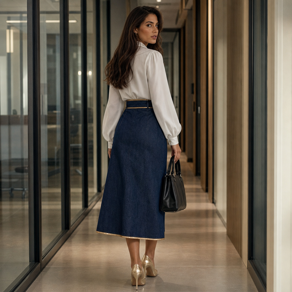 Asymmetric Wrap Denim Look Midi Skirt