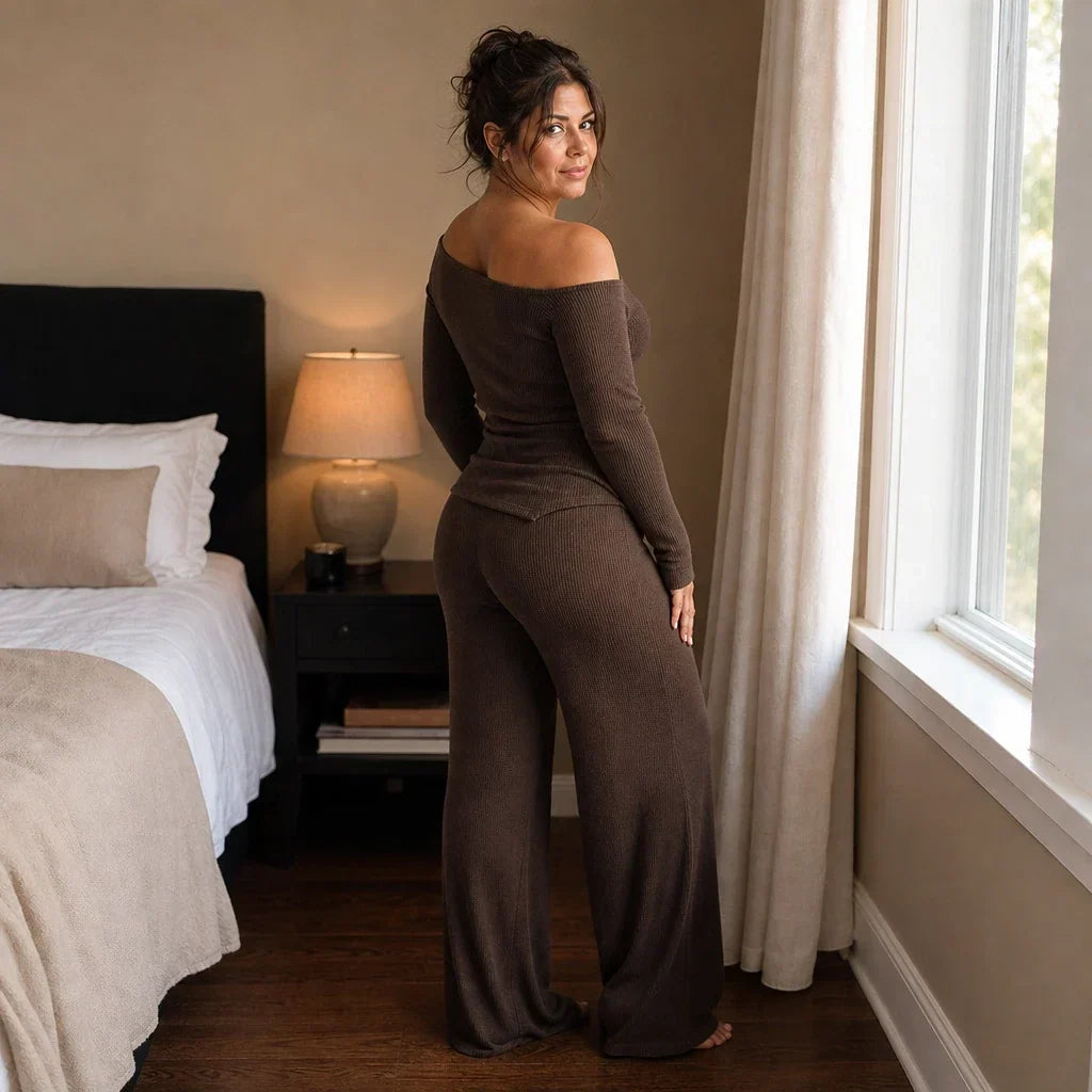 Off-Shoulder Long-Sleeve Wide-Leg Pants Set