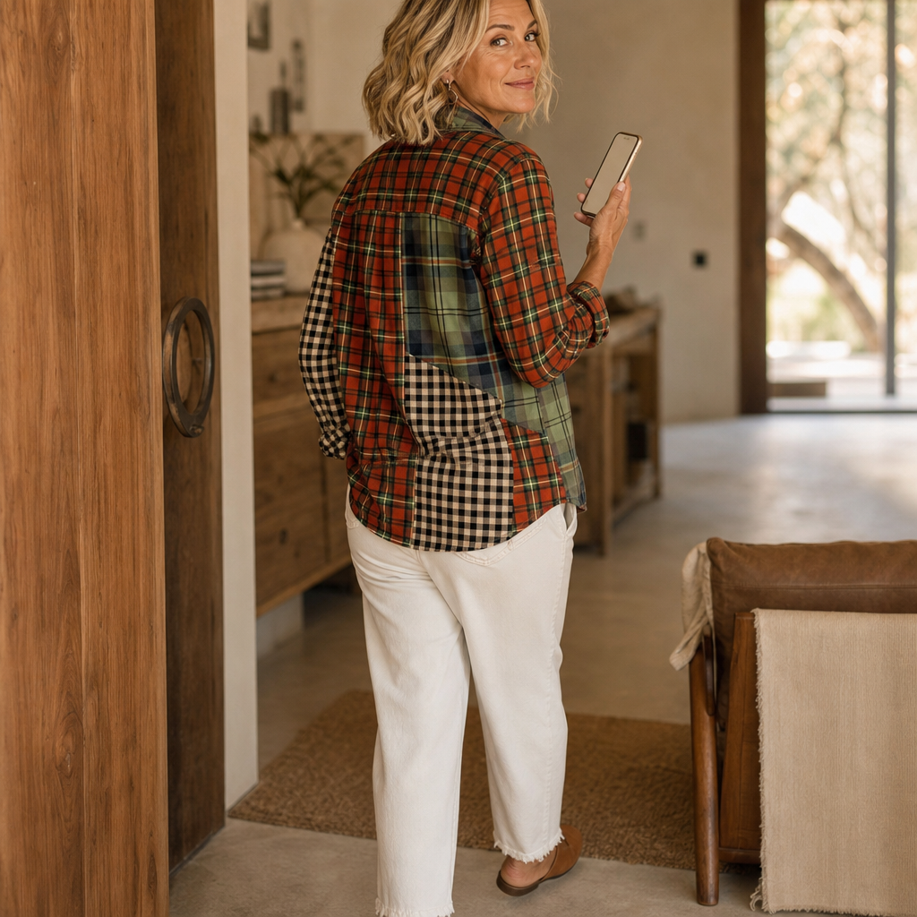 Color-Block Patchwork Plaid Button-Up Shirt