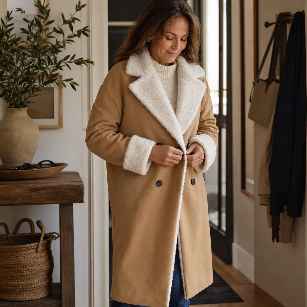 Camel Sherpa-Lined-Look Winter Coat