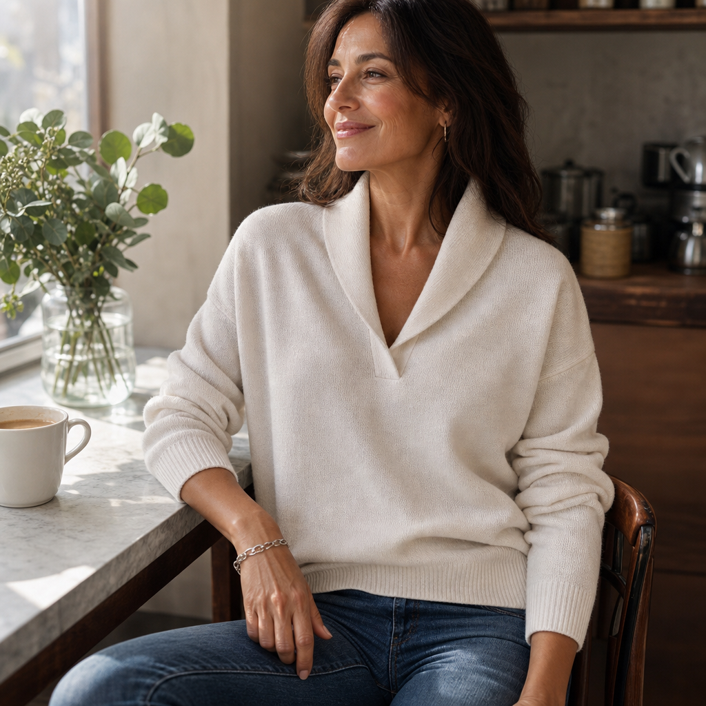 Draped Shawl-Collar V-Neck Sweater