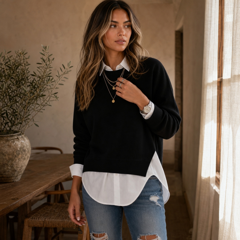 Layered Mock Shirt Collar Crewneck Sweatshirt