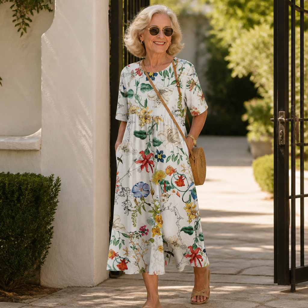 Floral Print Round-Neck Midi Dress