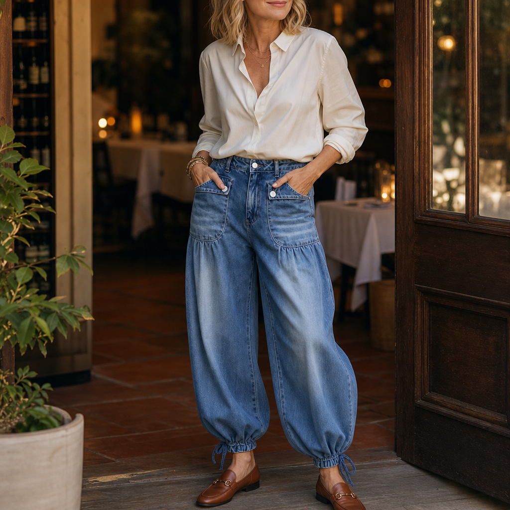Drawstring Cuff Wide-Leg Balloon Jeans