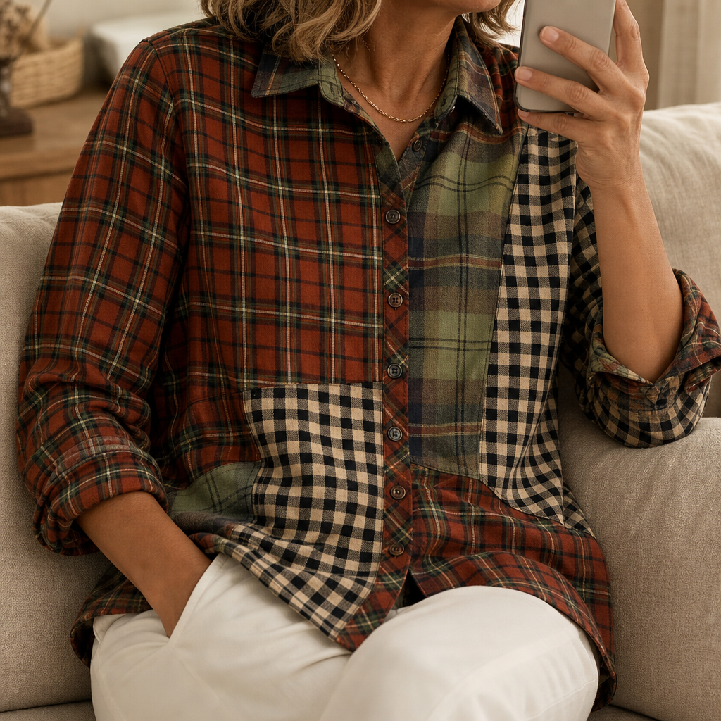 Color-Block Patchwork Plaid Button-Up Shirt