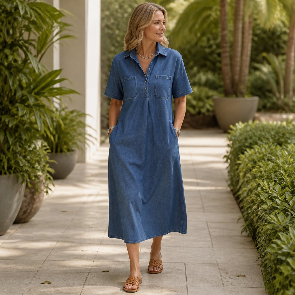 Pocketed Shirt Collar Denim Midi Dress