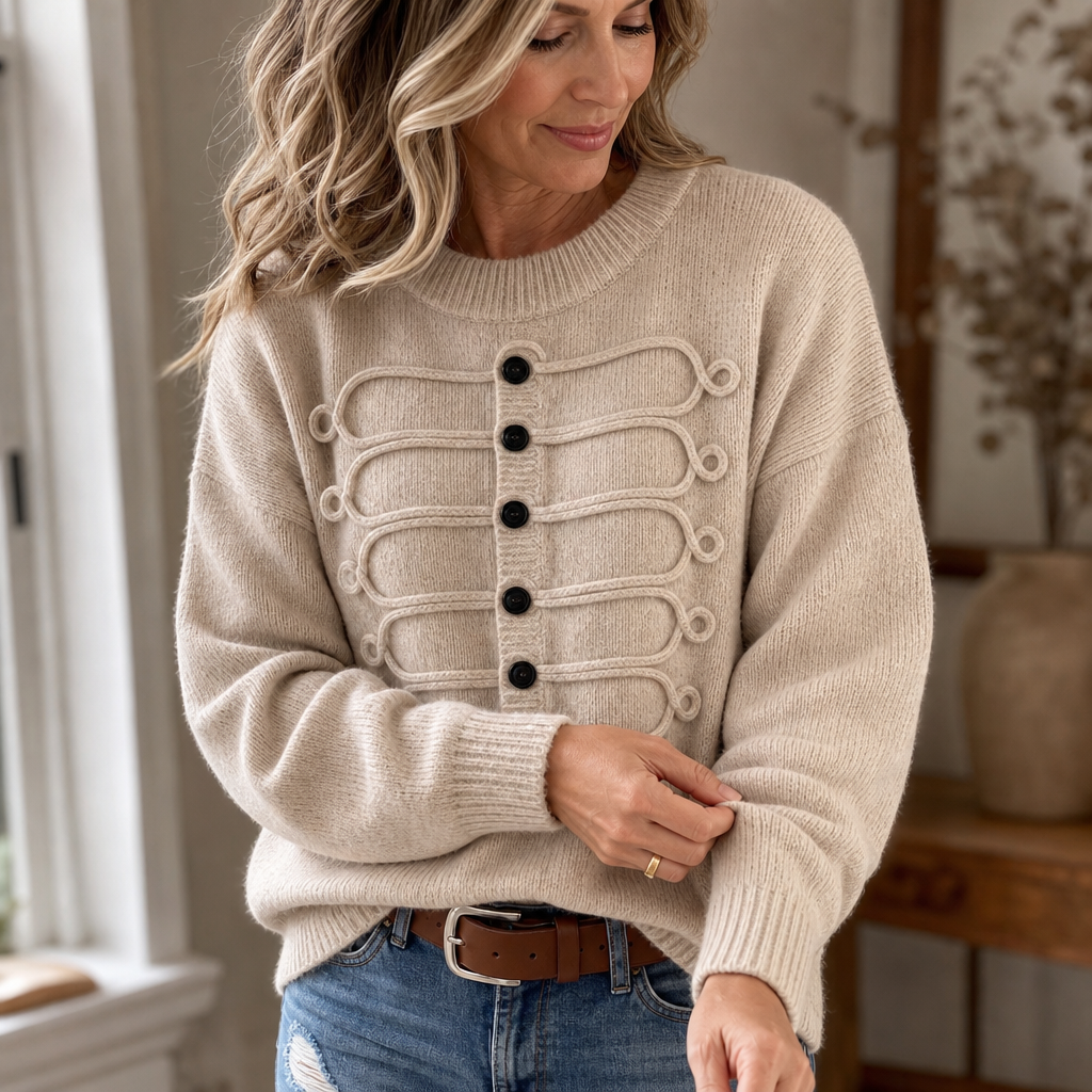 Braided Cord Button-Front Knit Sweater