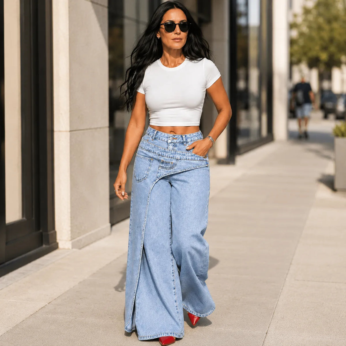 Asymmetric Wrap Waist Wide Leg Jeans