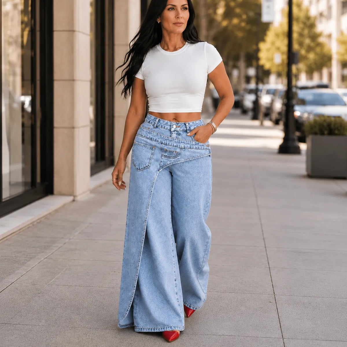 Asymmetric Wrap Waist Wide Leg Jeans