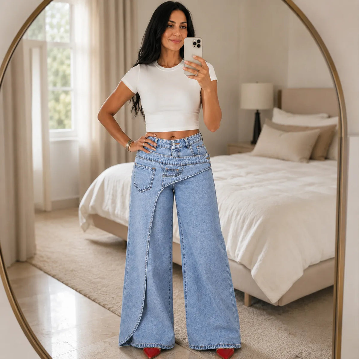 Asymmetric Wrap Waist Wide Leg Jeans