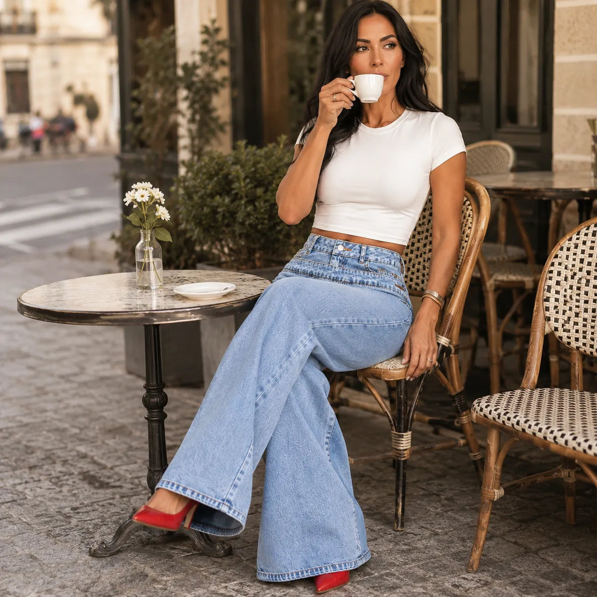 Asymmetric Wrap Waist Wide Leg Jeans
