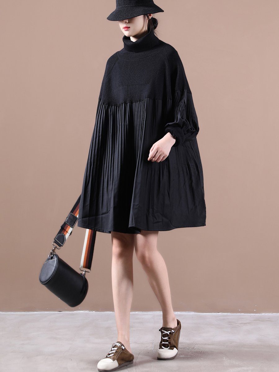 Loose Pleated Stitching Knitted Turtleneck Sweater