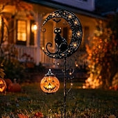 Halloween Solar Lights Outdoor Waterproof, Moon Black Cat Garden Stakes with 2 Hanging Pumpkin Lanterns, Decorative Metal Pathway Lights for Yard Patio Porch Pathway Decor, Spooky Landscape Lighting