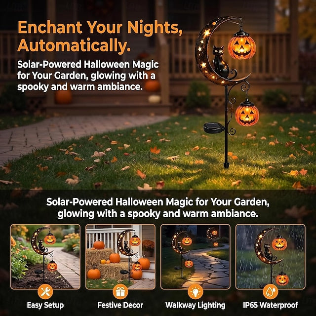Halloween Solar Lights Outdoor Waterproof, Moon Black Cat Garden Stakes with 2 Hanging Pumpkin Lanterns, Decorative Metal Pathway Lights for Yard Patio Porch Pathway Decor, Spooky Landscape Lighting