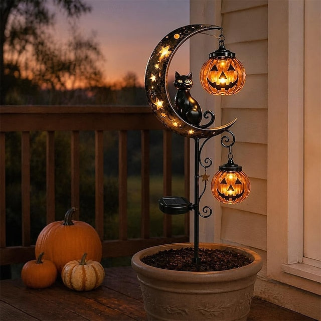 Halloween Solar Lights Outdoor Waterproof, Moon Black Cat Garden Stakes with 2 Hanging Pumpkin Lanterns, Decorative Metal Pathway Lights for Yard Patio Porch Pathway Decor, Spooky Landscape Lighting