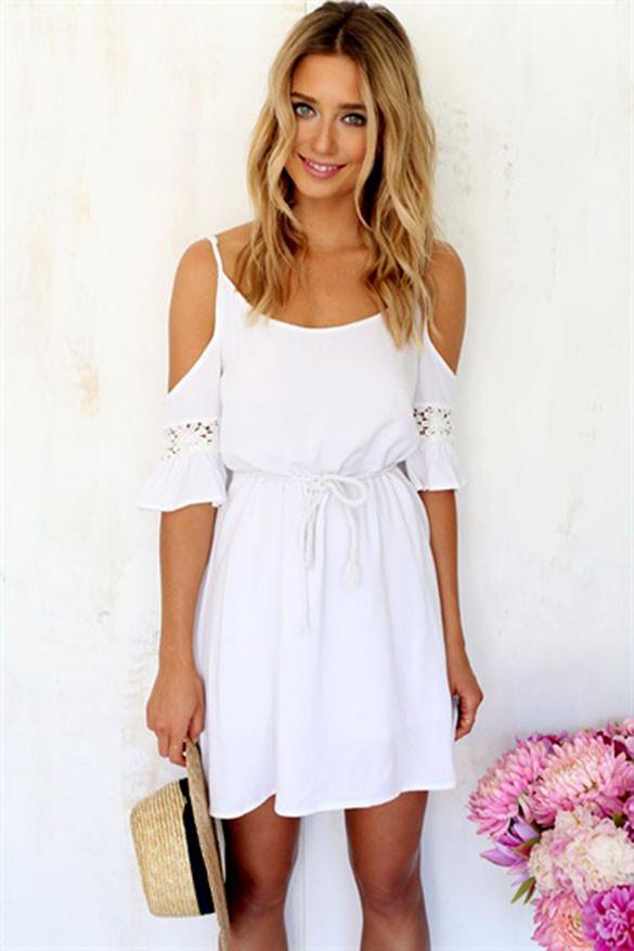 CLEARENCE NEWEST!! WOMEN SUMMER FASHION SWEET CASUAL LACE WHITE OFF-SHOULDER LOOSE STRAP MINI DRESS