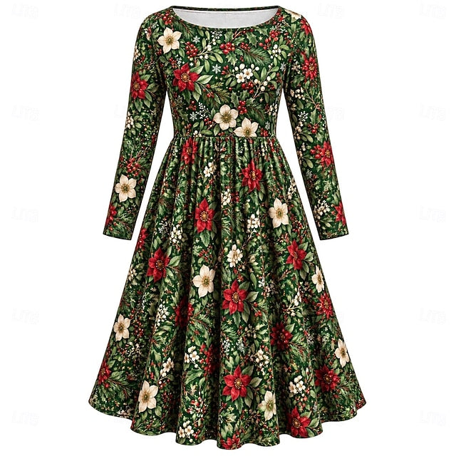 Christmas 1950s Retro Vintage Midi Flare Dress Long Sleeves Floral Fit & Flare Round Neck Fancy Dress Women's Christmas New Year Party Casual Daily Adults' Dress Fall & Winter