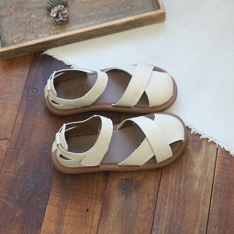 Retro Hollow Leather Velcro Flat Casual Sandals