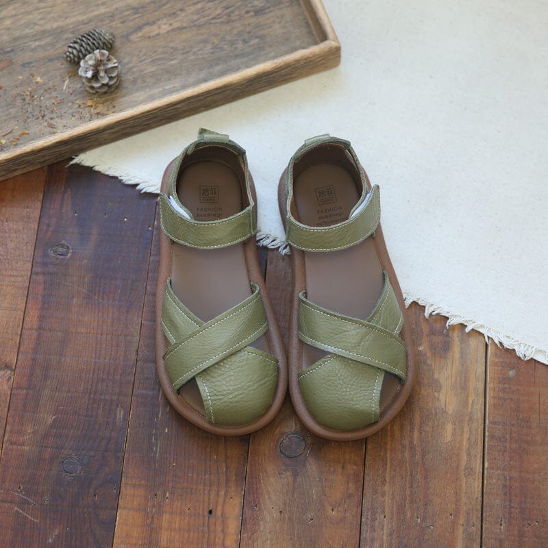 Retro Hollow Leather Velcro Flat Casual Sandals