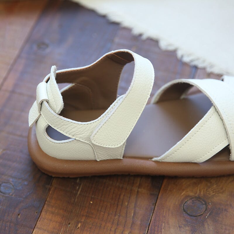 Retro Hollow Leather Velcro Flat Casual Sandals