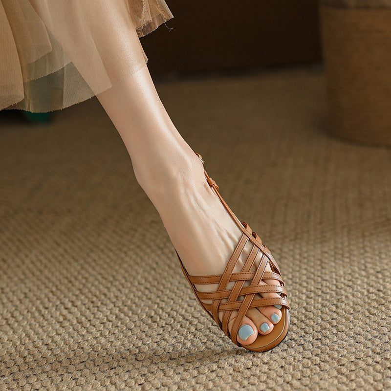 Simple Woven Soft Soled Hollow Peep-Toe Sandals