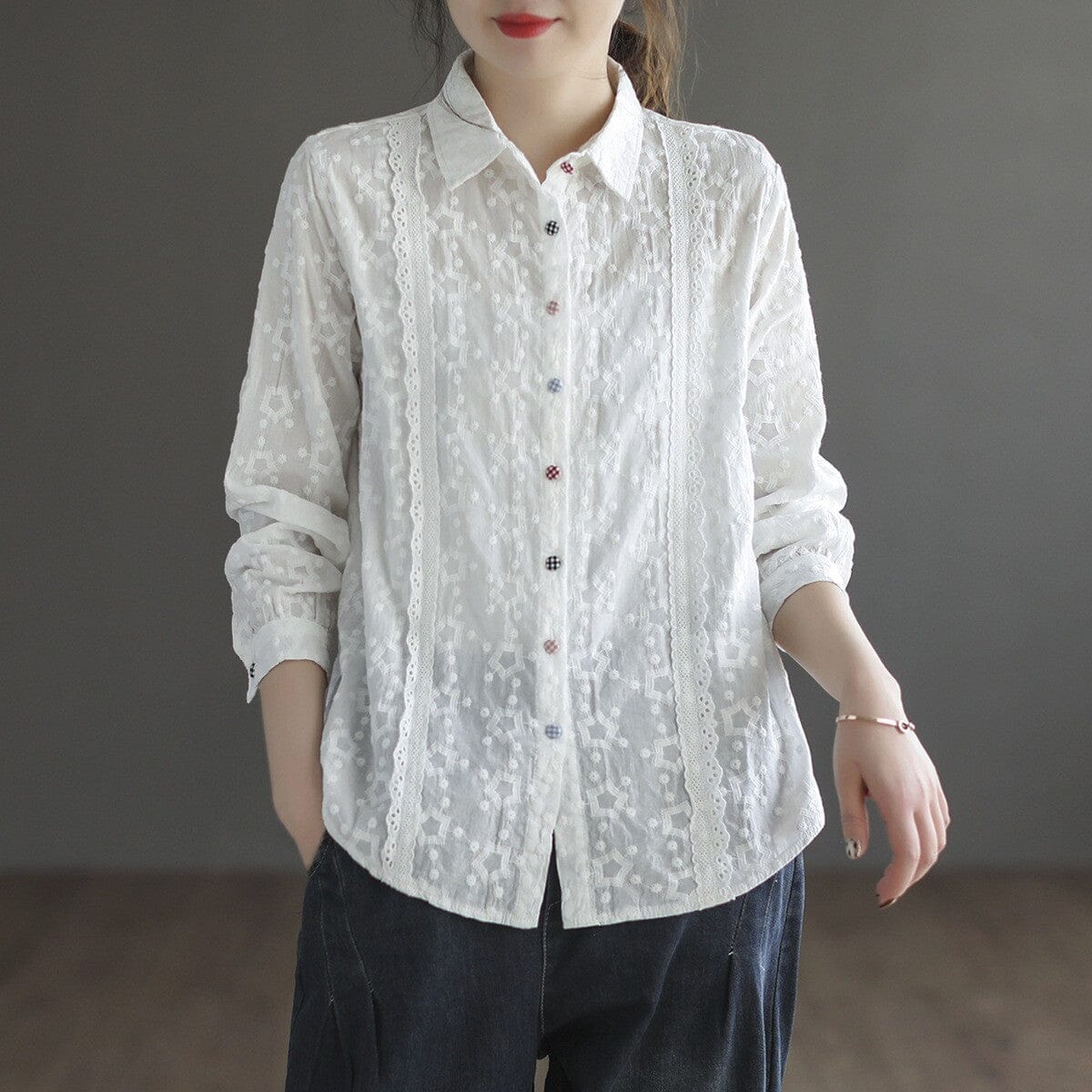 Spring Retro Floral Jacquard Long Sleeve Shirt