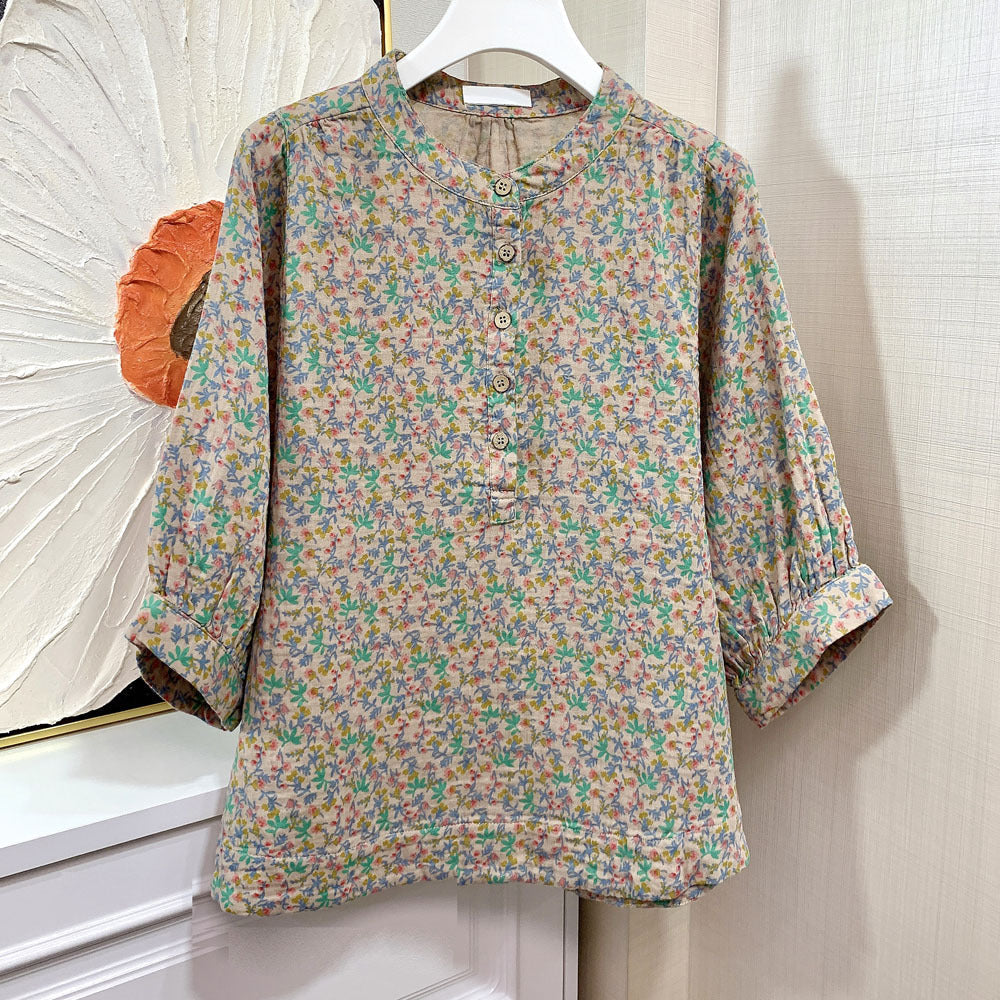 Summer Retro Floral Short Sleeve Loose Cotton Shirts