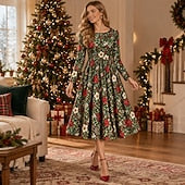 Christmas 1950s Retro Vintage Midi Flare Dress Long Sleeves Floral Fit & Flare Round Neck Fancy Dress Women's Christmas New Year Party Casual Daily Adults' Dress Fall & Winter