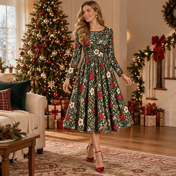 Christmas 1950s Retro Vintage Midi Flare Dress Long Sleeves Floral Fit & Flare Round Neck Fancy Dress Women's Christmas New Year Party Casual Daily Adults' Dress Fall & Winter