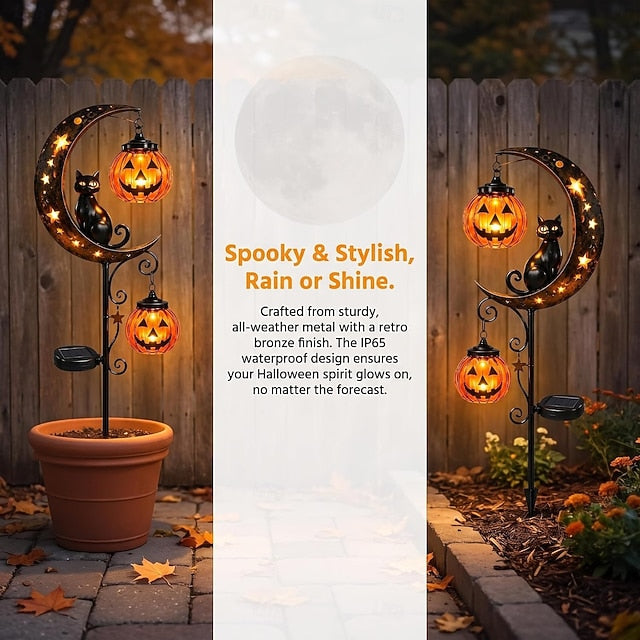 Halloween Solar Lights Outdoor Waterproof, Moon Black Cat Garden Stakes with 2 Hanging Pumpkin Lanterns, Decorative Metal Pathway Lights for Yard Patio Porch Pathway Decor, Spooky Landscape Lighting