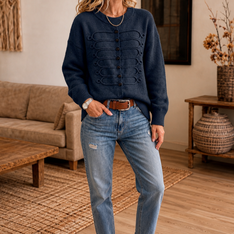 Braided Cord Button-Front Knit Sweater