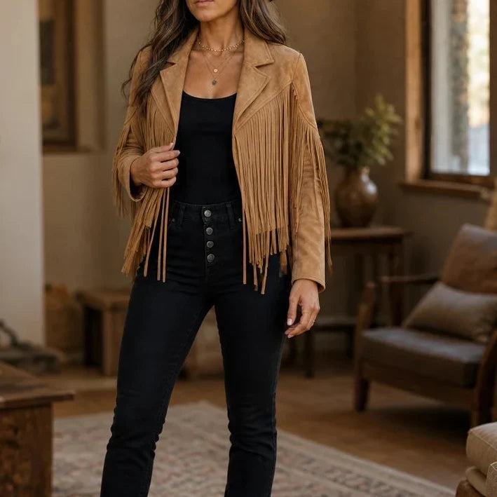 Laser-Cut Fringe Cropped Moto Jacket