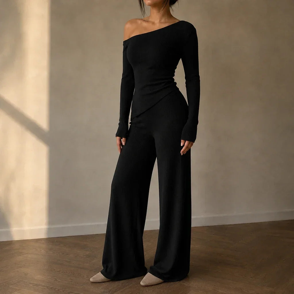 Off-Shoulder Long-Sleeve Wide-Leg Pants Set