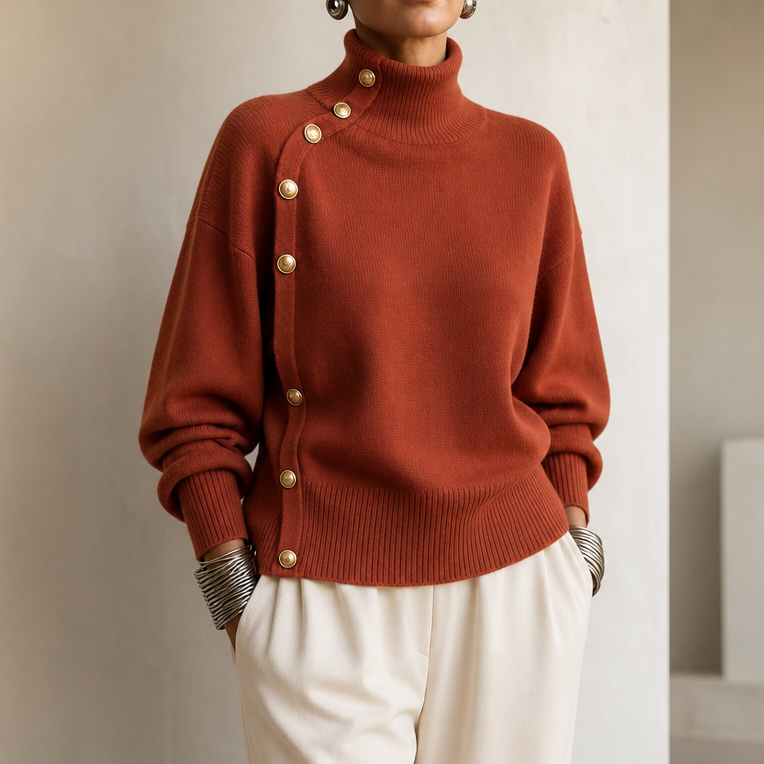 Asymmetric Gold-Tone Button Mock Neck Sweater
